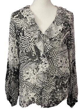 Chicos 100% Silk Ruffle Blouse S Gray Black White Geometric Abstract Chiffon Top